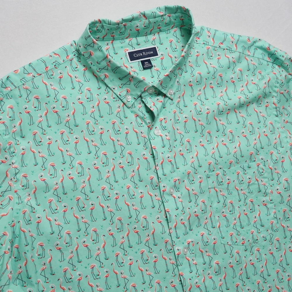 Club Room Button Up Shirt Mens XXL Green Flamingo Tropical Print Short Sleeve - Picture 3 of 16